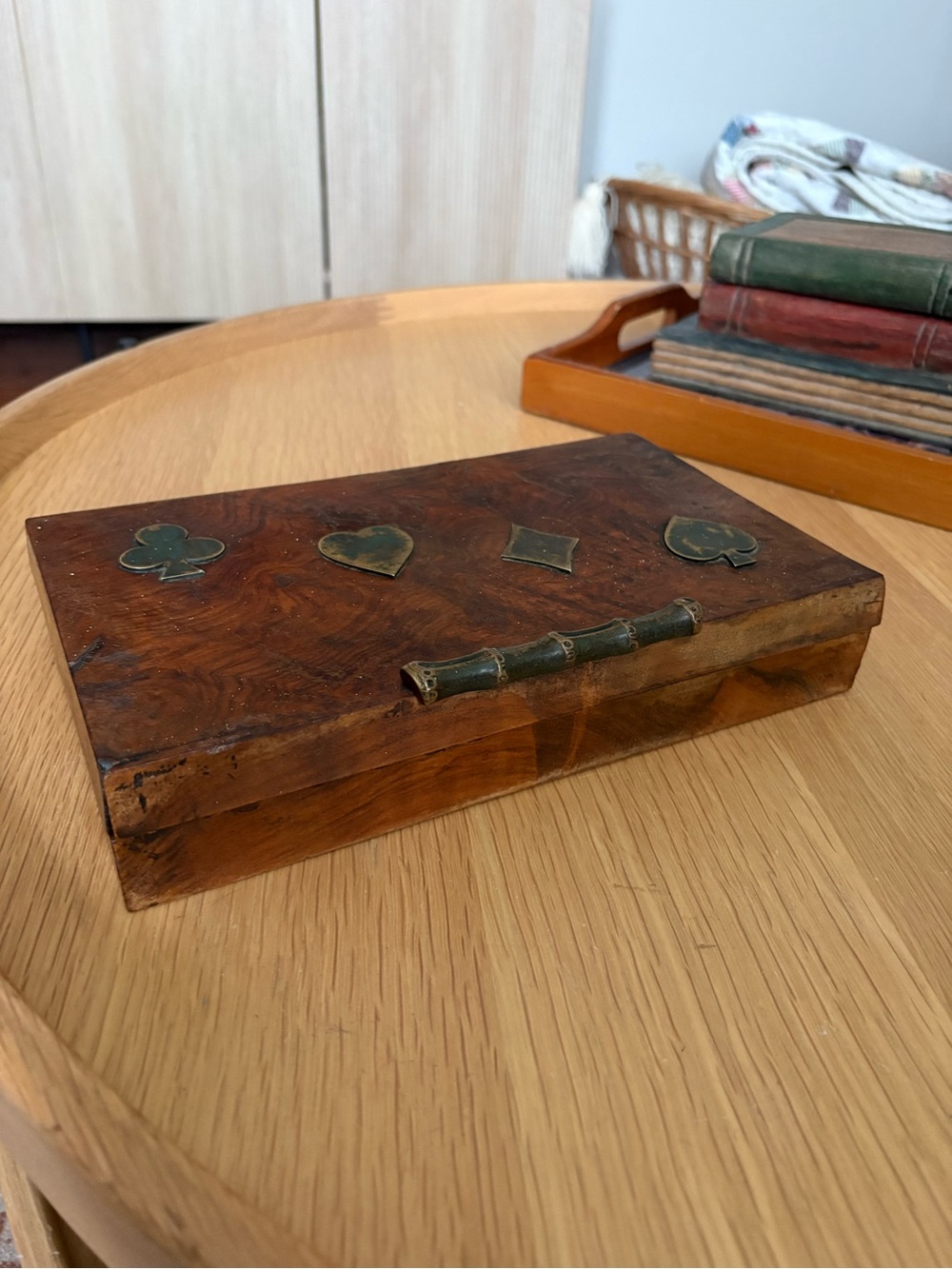 Vintage Wooden Card Box with Brass Card Suit Inlays